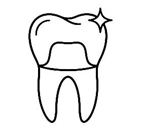 Black and white line art icon illustrating a protective dental crown fitted over a tooth with a sparkle accent.