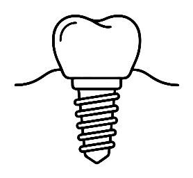 Black and white line art icon illustrating a dental implant screw positioned below a crown in the jaw.