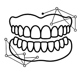 Black and white line art icon illustrating digital dentures mapped with interconnected data points.