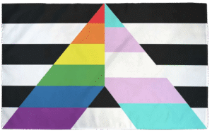Straight Ally Pride flag featuring black and white horizontal stripes overlaid with an 'A' shape displaying the rainbow Pride flag colors on the left and Transgender Pride flag colors on the right.