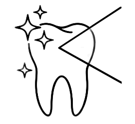 Black and white line art icon of a bright, sparkling tooth with light rays extending outward.