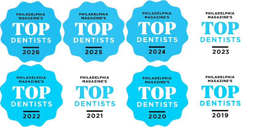 Philadelphia Magazine Top Dentists award badges spanning 8 consecutive years from 2019 to 2026 for Rittenhouse Smiles