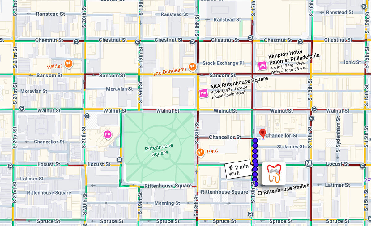 Map showing walking directions to Rittenhouse Smiles near Rittenhouse Square in Philadelphia.