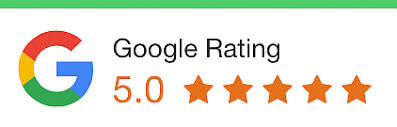 Google Rating badge displaying a 5.0 star rating represented by five orange stars next to the Google G logo.