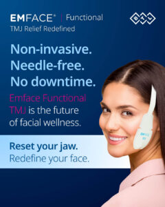 Woman smiling while wearing an EMFACE Functional applicator along her jawline, featured on a promotional graphic for non-invasive TMJ relief.