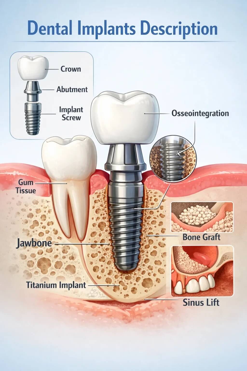Alternative Text: An anatomical diagram illustrating the components of a dental implant, showing a crown, abutment, and titanium implant screw placed in the jawbone next to a natural tooth. The diagram includes labels for gum tissue and jawbone, along with small inset illustrations detailing osseointegration, a bone graft, and a sinus lift.