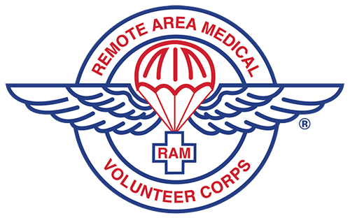 Remote Area Medical Volunteer Corps logo with winged emblem and parachute above RAM cross.