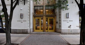 Exterior view of Medical Tower building entrance at 255 South 17th Street home of Rittenhouse Smiles